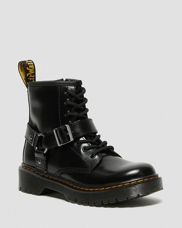 Black Kids' Dr Martens Junior 1460 Harness Leather Casual Boots | CA 658TCE